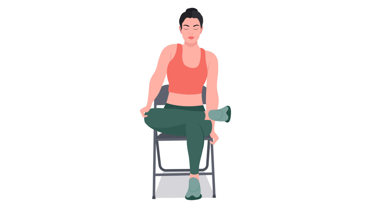 A Woman Practicing Mindfulness Exercises at Work through Desk Chair Pigeon Pose