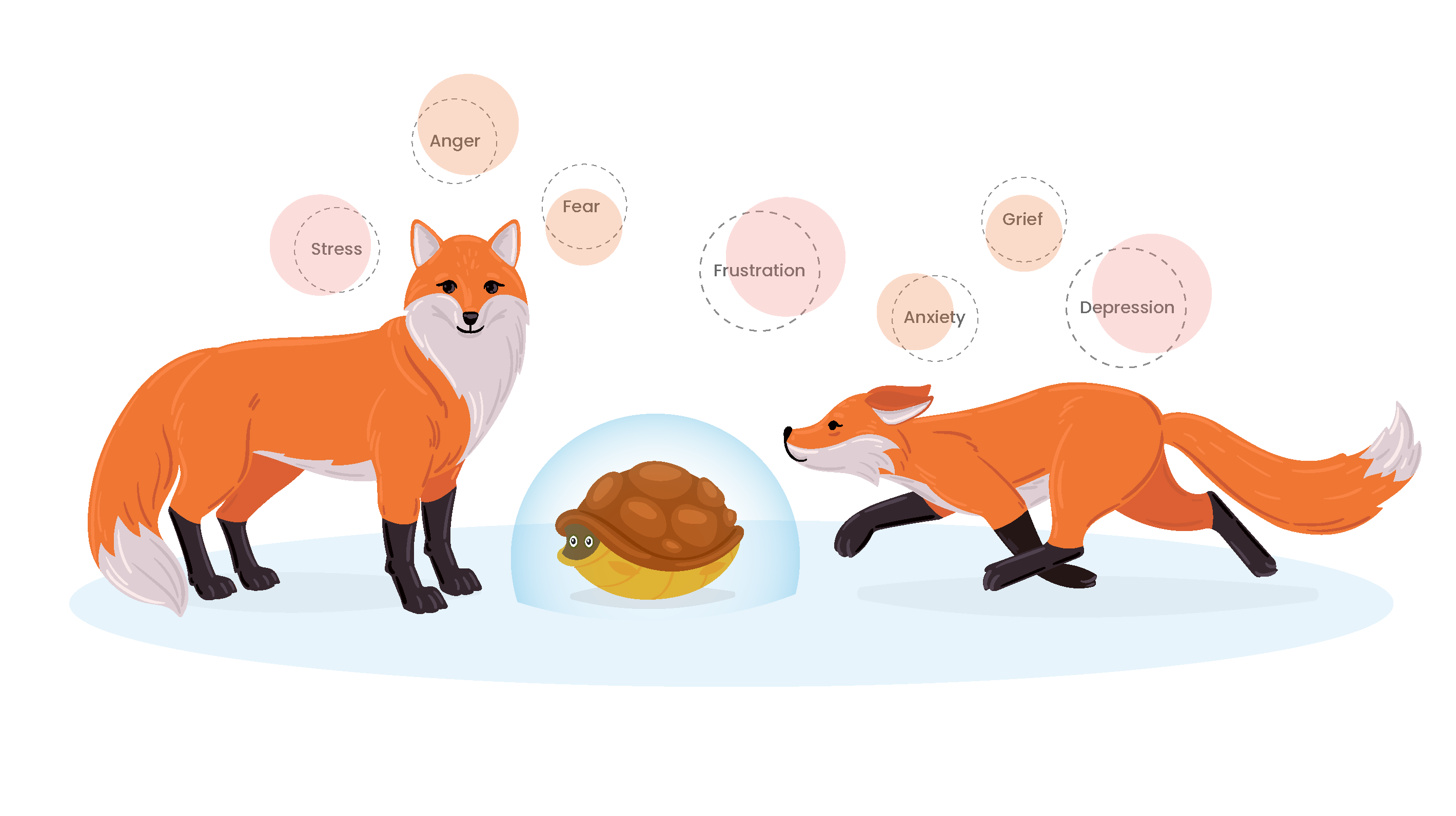 A mindful turtle combatting foxes like stress anger anxiety in real life
