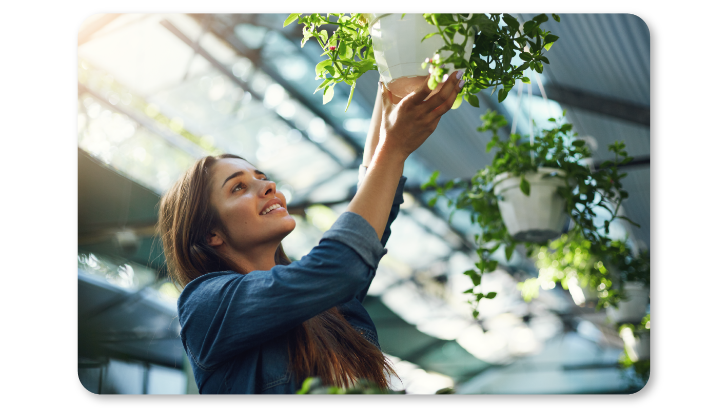 A Woman Praticing Mindfulness Exercises at Work by Mindfully Observing A Potted Plant