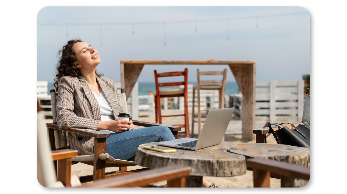 A Woman Practicing Mindfulness Exercise at Work through Mindful Exploration of the Five Senses