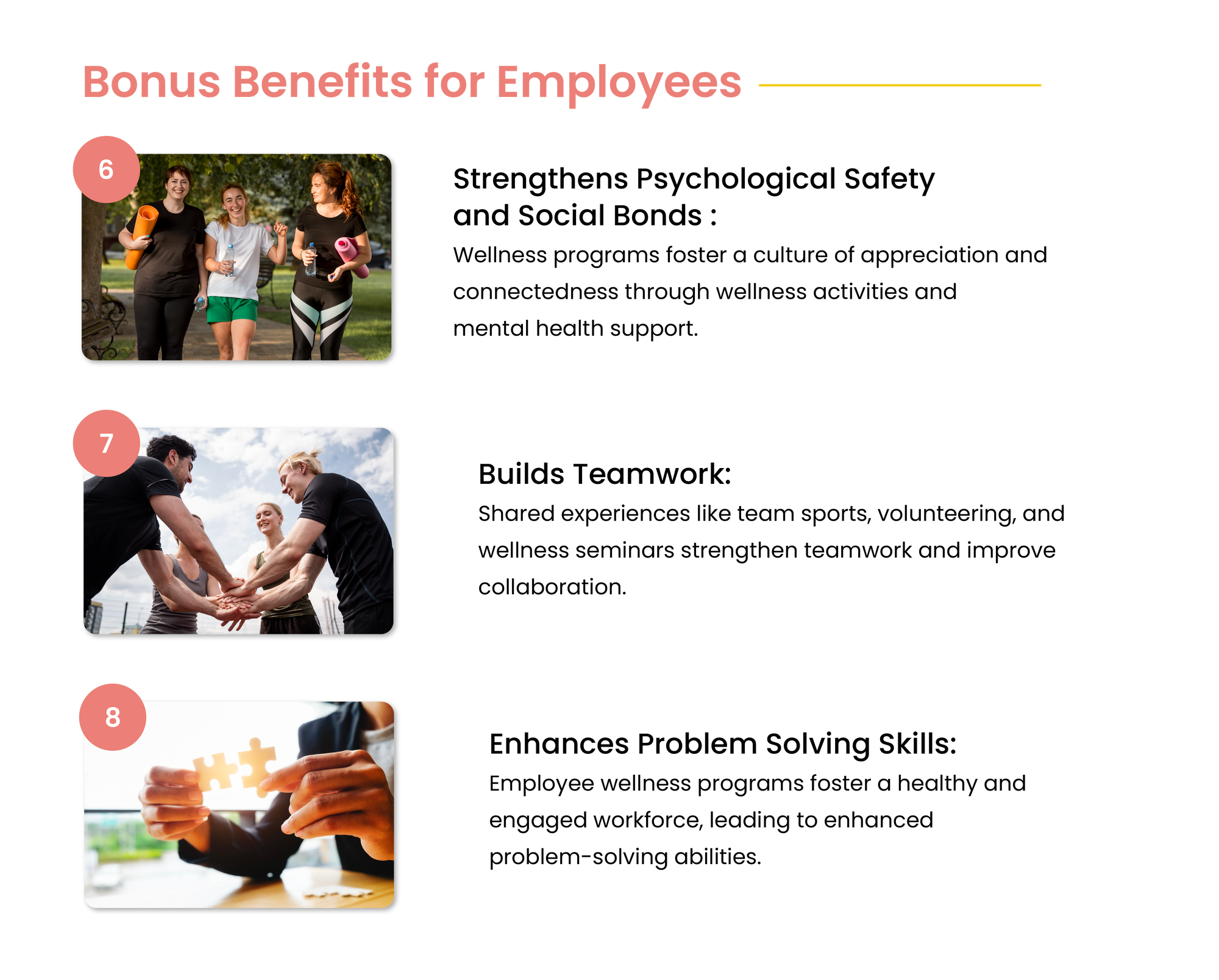 Bonus Wellness Programs Benefits for Employees include Strengthened Psychological Safety and Social Bonds, Teamwork Building and Enhanced Problem Solving Skills