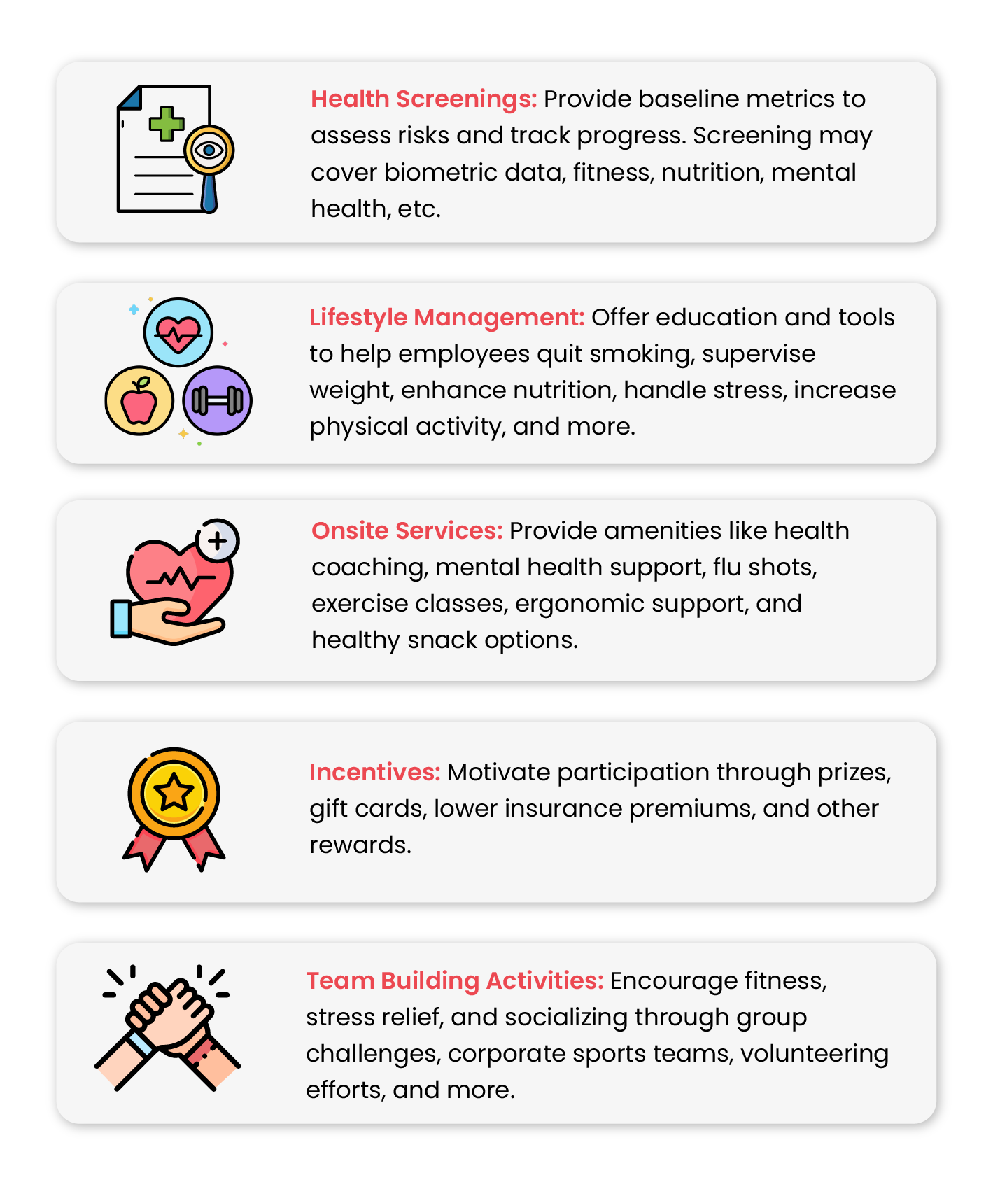 Common components of an Employee Wellness Program includes Health Screenings, Lifestyle Management, Onsite Services, Incentives, Team Building Activities.