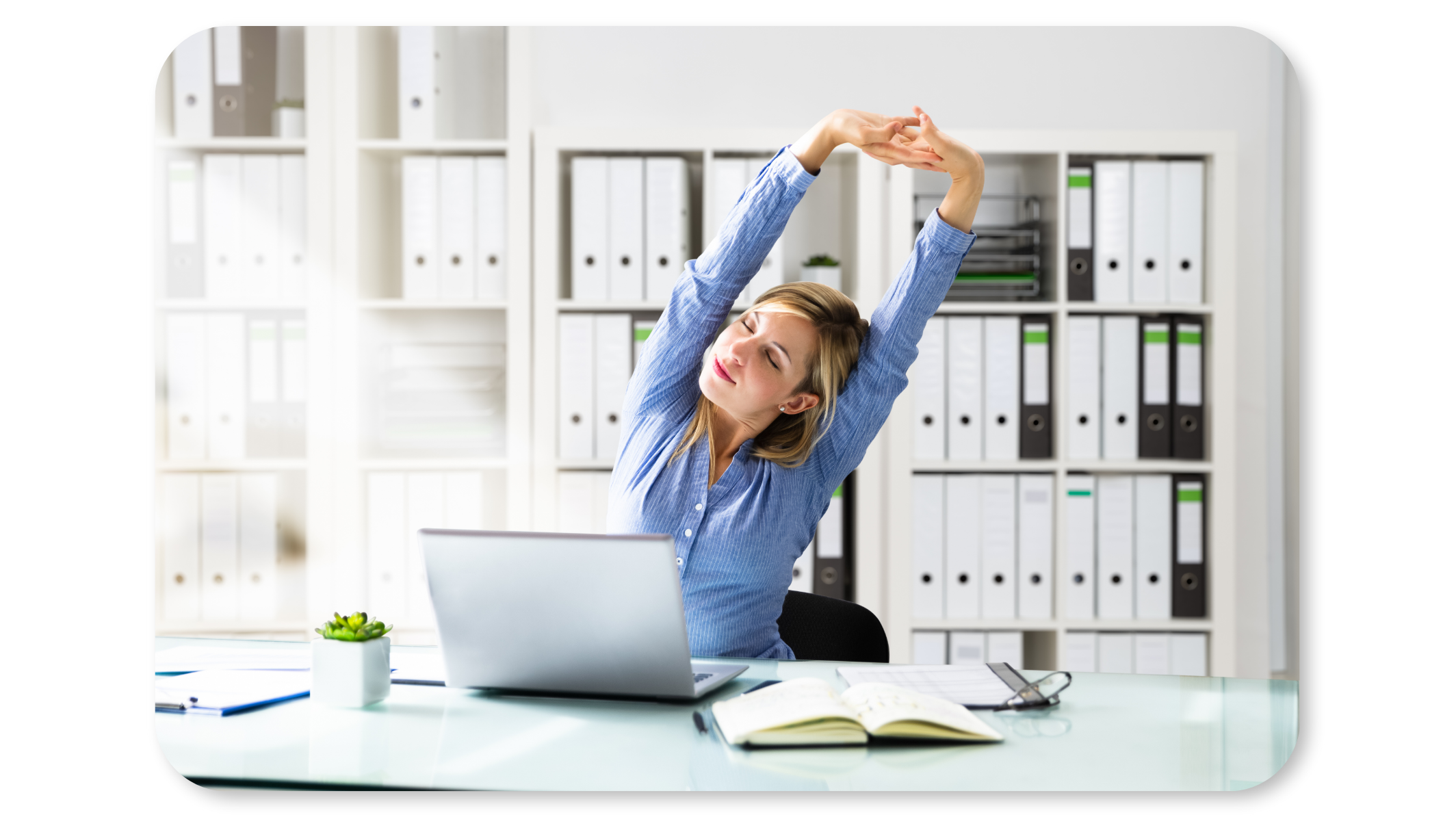 Employee practises seated crescent pose