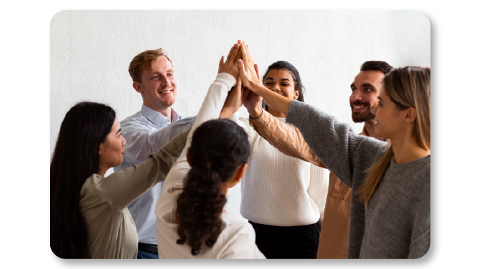 Employees cheer to work hard together