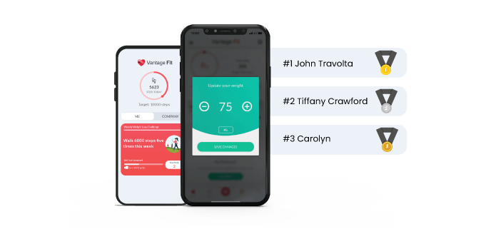 Vantage Fit's interface showing leaderboard and weight tracker
