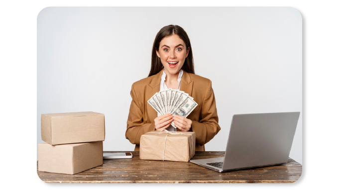 A happy woman employee enjoys the benefit of extrinsic wellness rewards in the form of cash