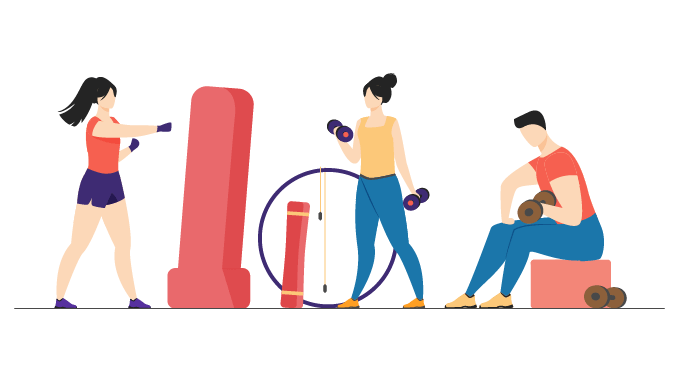 3 women doing wellness activities together such as lifting weights, boxing, etc