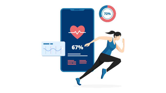 A woman running and tracking her heartrate and workout progress graph through a fitness tracker