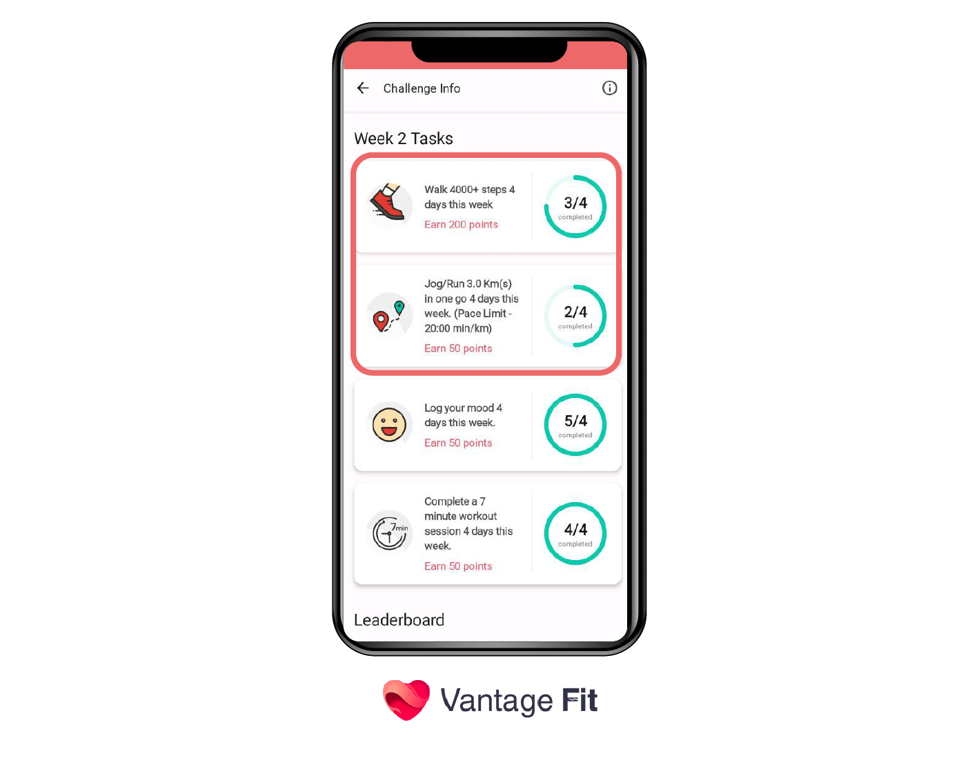 A dashboard of the Vantage Fit app showcasing various weekly wellness challenges with clear and achievable goals