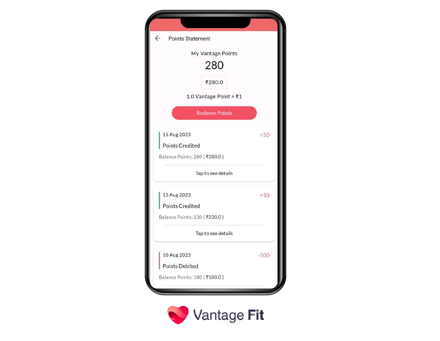 A dashboard image of the Vantage Fit app showcasing points balance