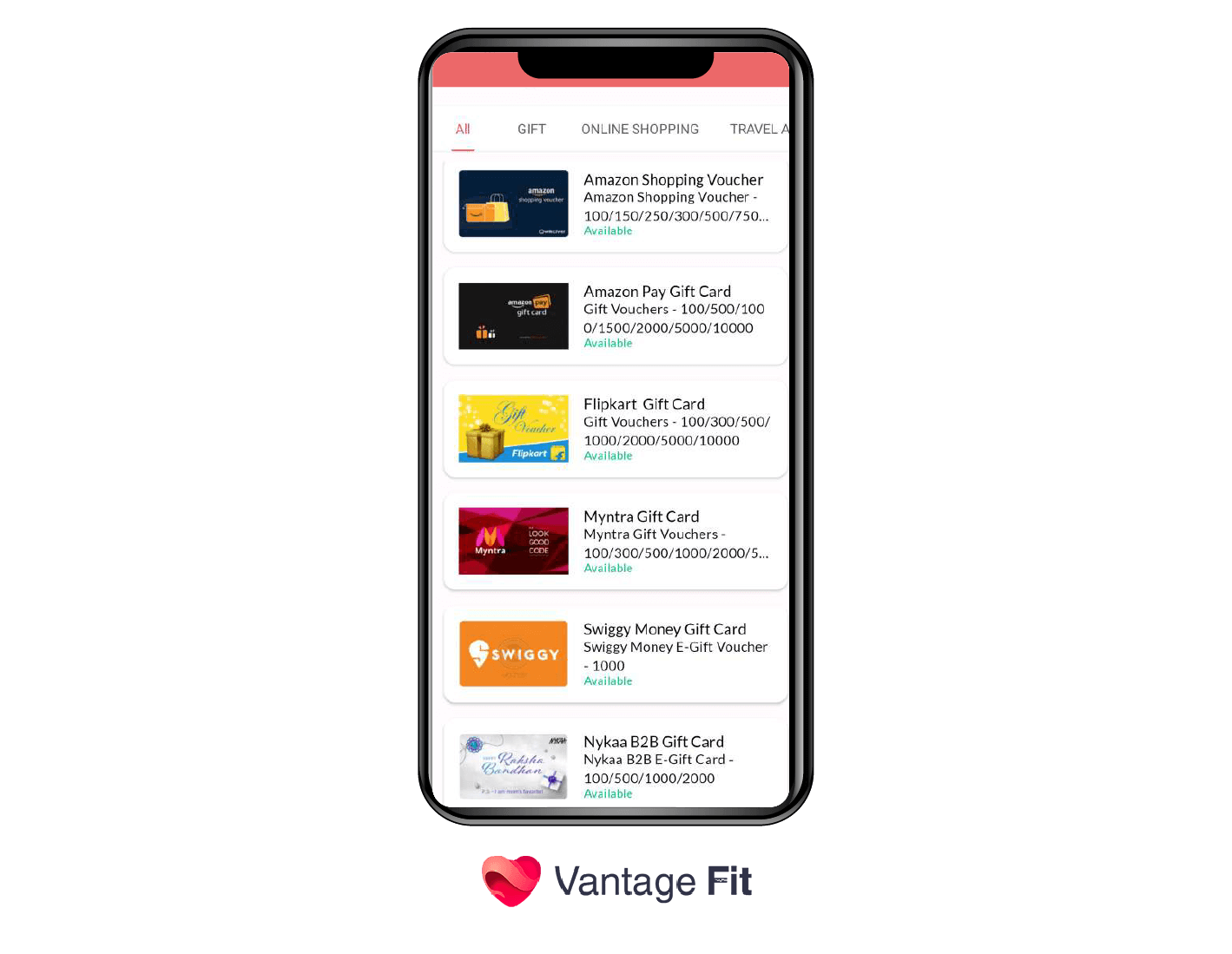 A dashboard image of the Vantage Fit app showcasing various gift cards