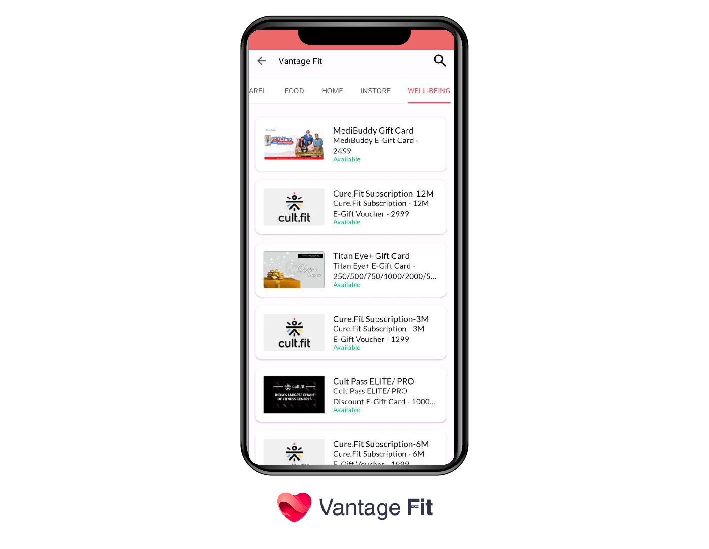 A dashboard image of the Vantage Fit app showcasing gift cards from various categories