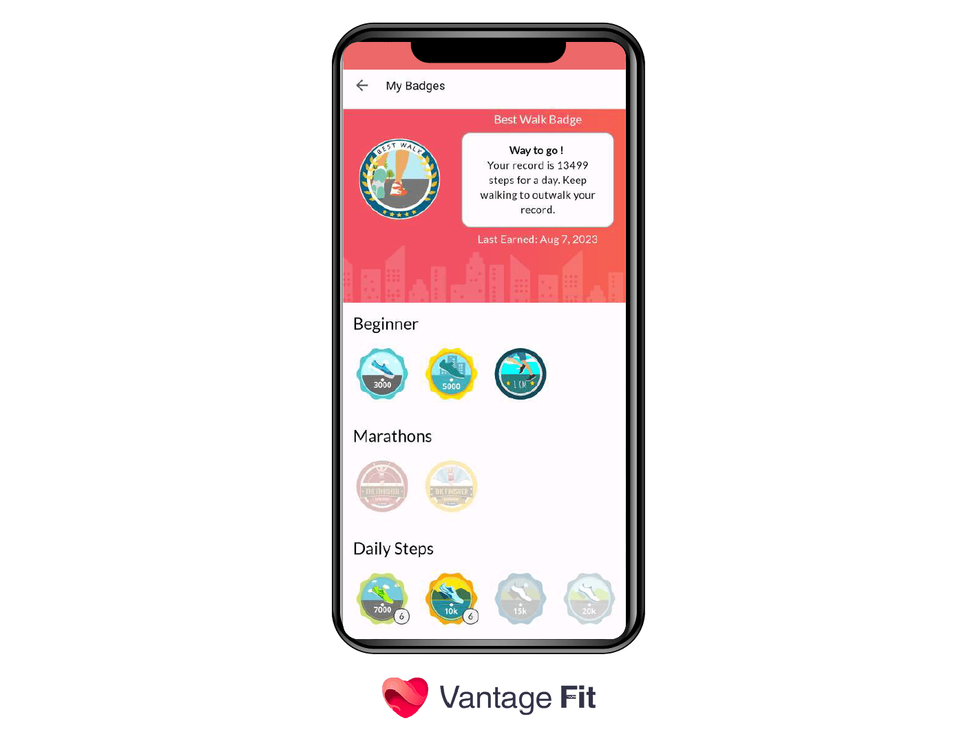 A dashboard image of the Vantage Fit app showcasing various wellness badges