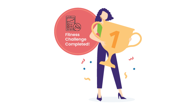 A woman lifting a winner's trophy for successfully completing a wellness challenge