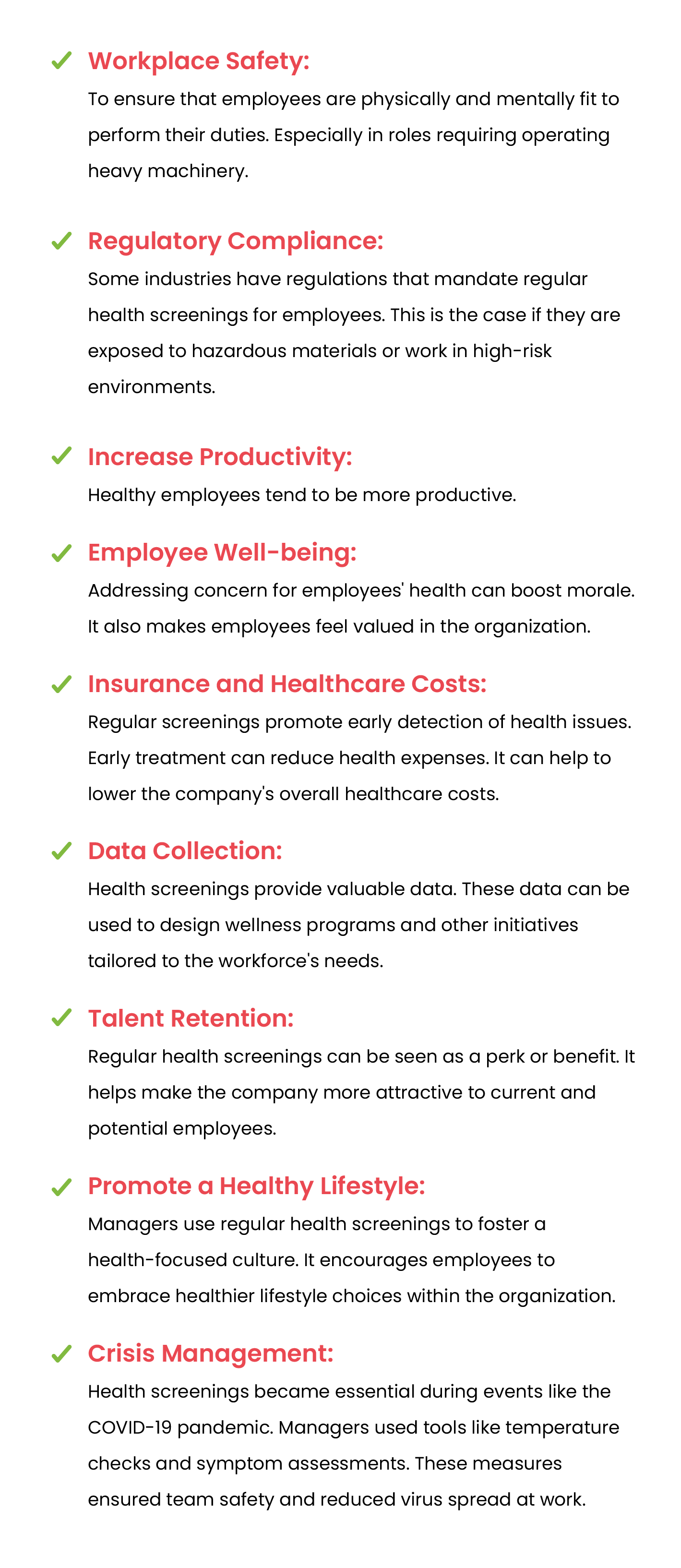 List explaining how employee health screenings help managers