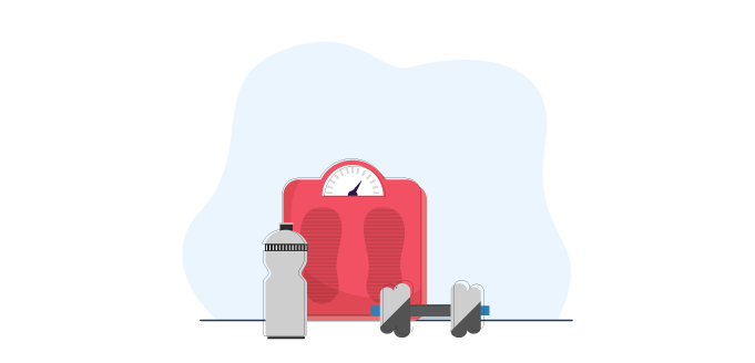 Weighing machine along with water bottle and dumbell